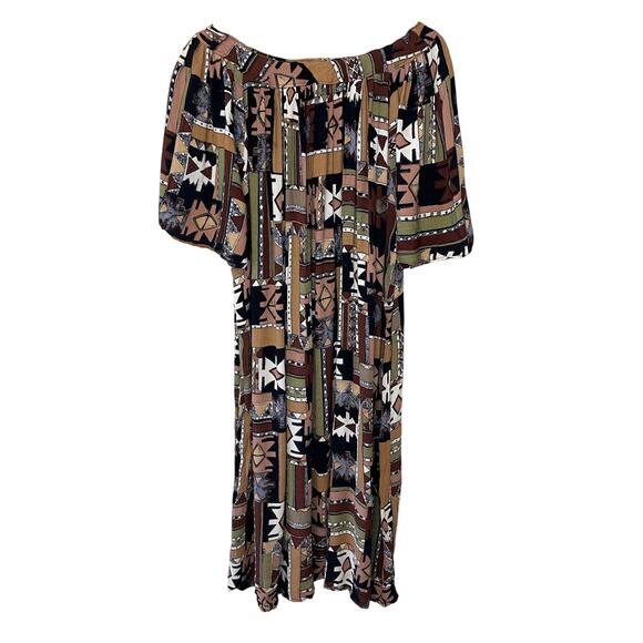 Handmade Dresses & Skirts - Hand Made Boho One Of A Kind Tribal Print Knee Length Brown Short Sleeve Dress L